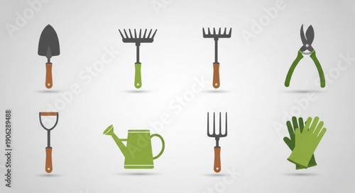 Gardening tools icons set including shovel rake pruners trowel watering can fork and glove on gray background