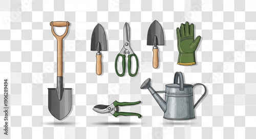 Gardening tools and equipment for planting and maintaining a garden including shovel trowels pruners glove and watering can on a transparent background
