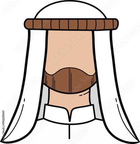 A man wearing a white thawb and kufi cap celebrating ramadhan, viewed from the front, illustrated in a flat 8 style