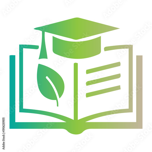 Vibrant gradient icon symbolizing sustainable education, blending academic learning with environmental consciousness, featuring an open book, a graduation cap, and a green leaf