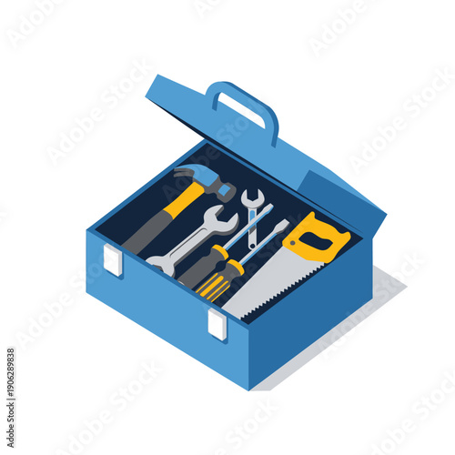Modern isometric vector graphic of an open blue toolbox displaying a selection of essential repair and construction hand tools including a hammer, saw, and screwdrivers, ready for any project