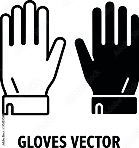 Protective work gloves vector icons set featuring outline and solid black silhouette styles for industrial safety personal protective equipment and manual labor hand protection