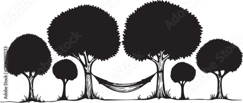 Black silhouette of trees and hammock on white background