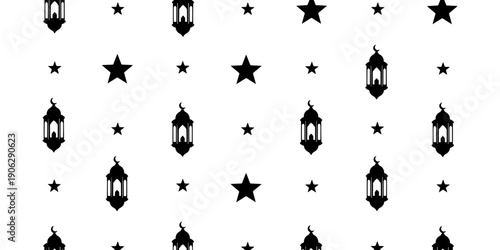 A black and white minimalist graphic seamless pattern evoking a celebratory and peaceful mood with traditional Islamic lanterns and stars