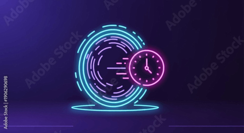 Neon glowing clock icon with futuristic light trails depicting rapid digital time management