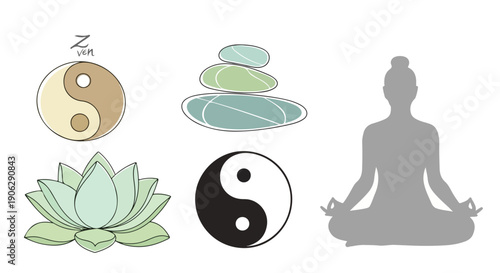 Collection of Zen and Wellness vector symbols: Yin Yang icon, meditating woman silhouette, lotus flower, and spa stones.