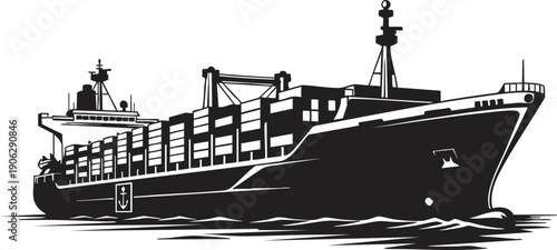Large cargo ship with stacked containers on deck in black silhouette on water container ship white background