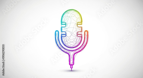 Vibrant rainbow sketch style vintage microphone with tangled lines on a clean white background