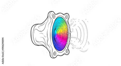Vibrant rainbow speaker illustration producing dynamic sound waves and energetic audio vibes