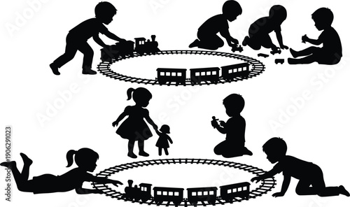 Black vector silhouette set of young children and toddlers playing with toy steam trains on tracks for childhood education nursery and preschool,