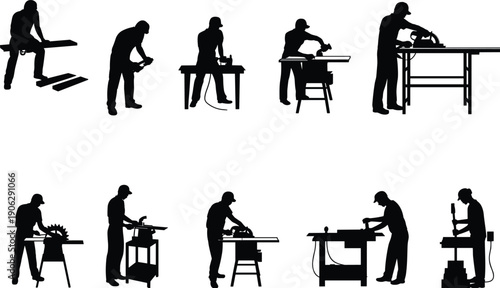 Carpentry and woodworking silhouettes set featuring craftsmen using tools and machines in workshop scenes, representing skilled labor, construction 