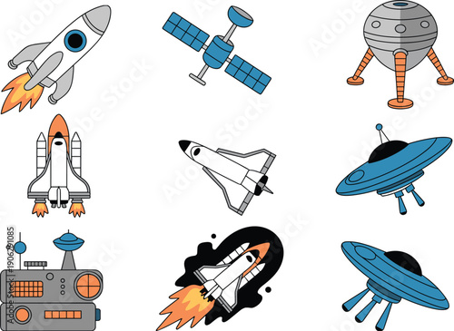 Cartoon space vehicles and spacecraft collection featuring rockets, satellites, space shuttles and UFOs, colorful sci fi astronomy technology illustration set isolated on white background