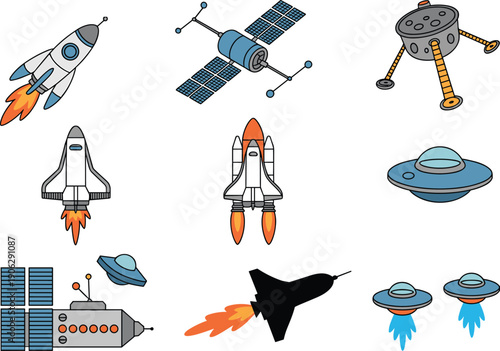 Cartoon space vehicles and spacecraft collection featuring rockets, satellites, space stations and UFOs, futuristic astronomy and sci fi technology illustration set isolated on white background