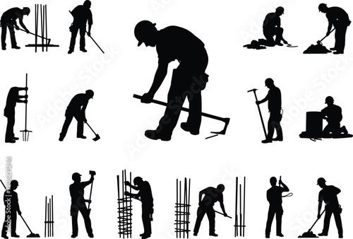 Construction worker silhouettes performing building tasks with tools and rebar, labor teamwork activities, industrial construction process illustration set isolated on white background