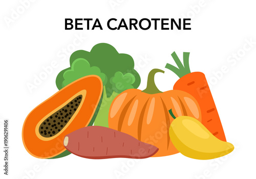 Food containing beta carotene in flat design on white background.