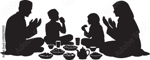 Muslim Family Sitting Together for Iftar Meal, Ramadan Kareem Silhouette Illustration Isolated on White Background