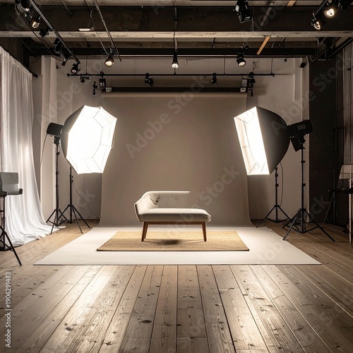Professional Photography Studio Setup with Modern Chair and Lighting Equipment.