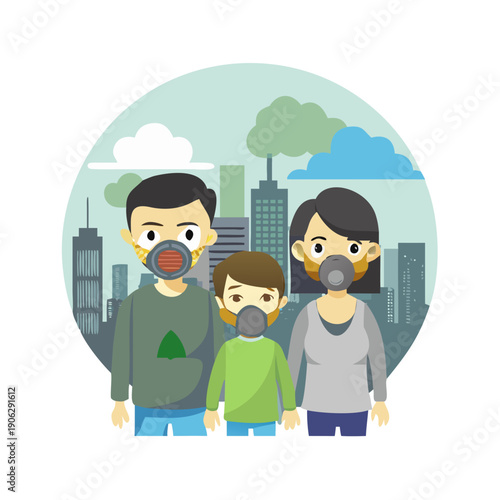 Family wearing gas masks to protect themselves from air pollution, standing against a backdrop of a contaminated city.