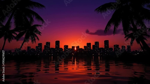Tropical City Skyline at Vibrant Sunset With Palm Trees.