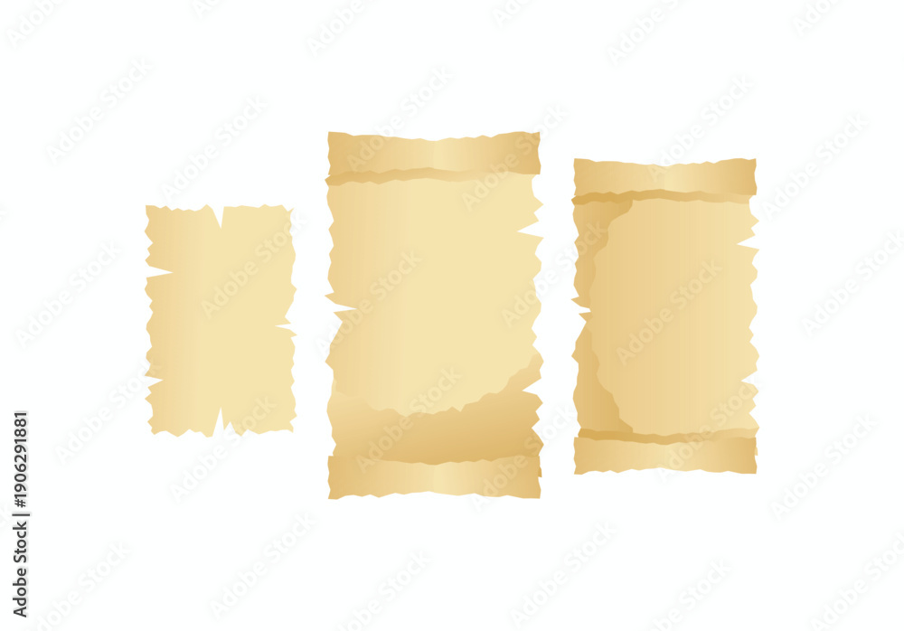 Fototapeta premium Set of three antique parchment paper scrolls with ragged edges and vintage weathered texture on white background