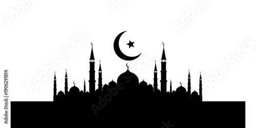 A serene minimalist black silhouette illustration of a large mosque complex featuring minarets and a prominent crescent moon and star symbol.