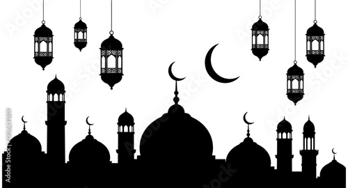 A Festive and Spiritual Minimalist Illustration of a Mosque Silhouette and Lanterns for Ramadan Celebration