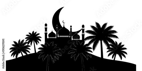 Minimalist Silhouette Illustration of Mosque and Palm Trees with Crescent Moon a Spiritual and Serene Design for Ramadan and Eid Celebrations