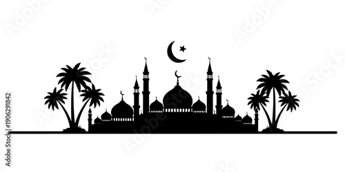 A Serene Vector Illustration of a Mosque Silhouette Minimalist Graphic Design with Palm Trees and Spiritual Crescent Moon Symbol