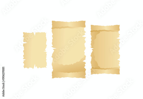 Set of three antique parchment paper scrolls with ragged edges and vintage weathered texture on white background