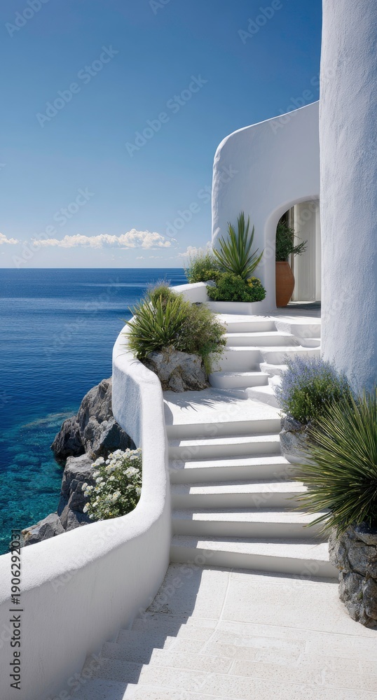 Fototapeta premium White Staircase Overlooking the Deep Blue Ocean
