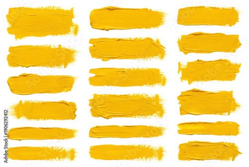 Realistic yellow oil paint brush strokes set isolated on transparent background
