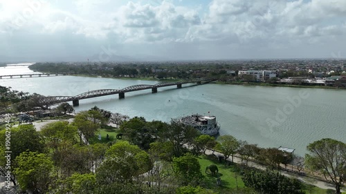 Wallpaper Mural Hue City, Vietnam – 4K aerial drone footage of Perfume River, Truong Tien Bridge, historic skyline and urban waterfront Torontodigital.ca