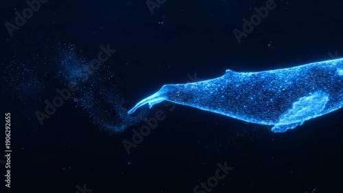 Glowing Blue Whale Swimming in Dark Ocean Waters.