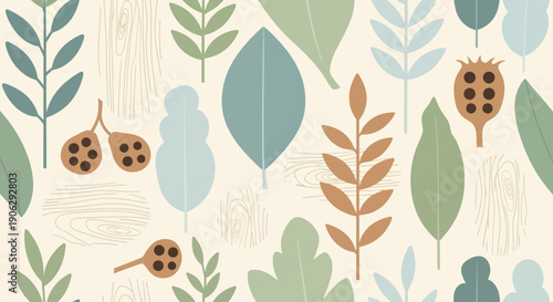 Abstract botanical pattern with leaves and seeds in muted earthy tones