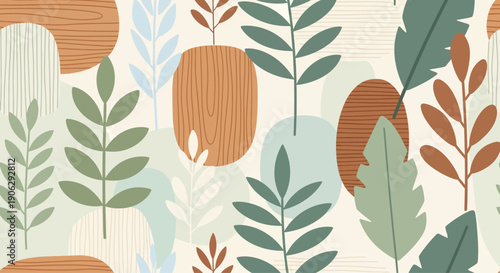 Abstract Botanical Pattern with Mid-Century Modern Shapes and Leaves