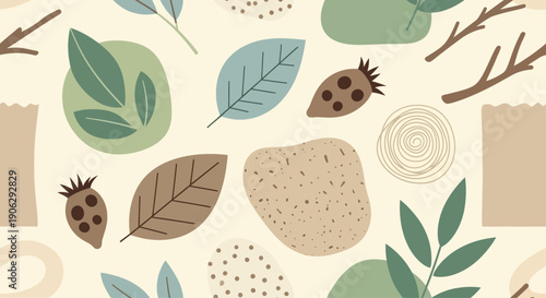 Abstract botanical pattern with leaves, branches, and organic shapes in earthy tones