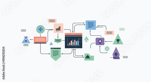 Abstract Business Process Flowchart with Icons and Charts