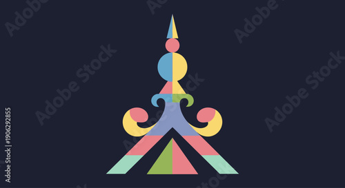 Abstract colorful geometric tree shape with decorative elements on dark background