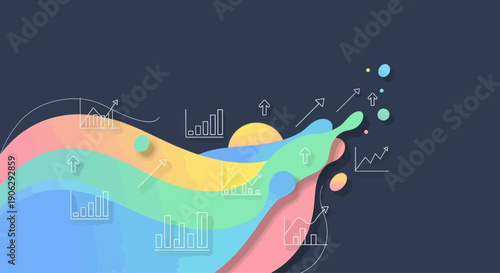 Abstract colorful wave with financial charts and growth arrows on dark background