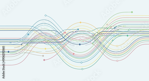 Abstract colorful wavy lines and dots on a light background, data visualization concept.