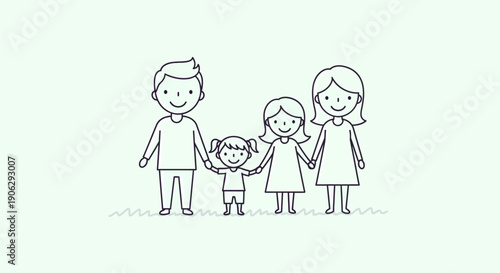 Joyful family portrait in simple outline art style promoting happiness and togetherness