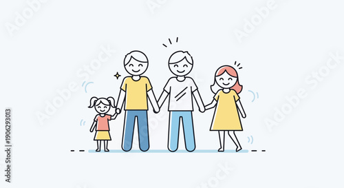 A heartwarming minimal line art illustration depicting a happy diverse family of two parents and