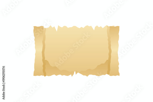 Old parchment paper scroll with torn deckle edges on white background. Blank antique papyrus texture for vintage design and message
