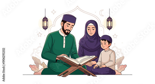 Family reading together during Ramadhan, a young character leads the prayer, sitting on floor, serene atmosphere