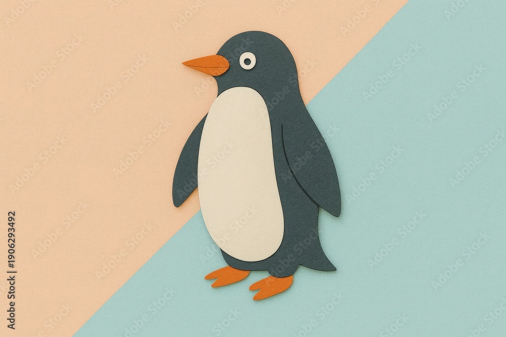 Fototapeta premium Minimalist paper-cut style illustration of a penguin with layered textures, set against a soft pastel background divided diagonally into warm peach and cool mint tones.