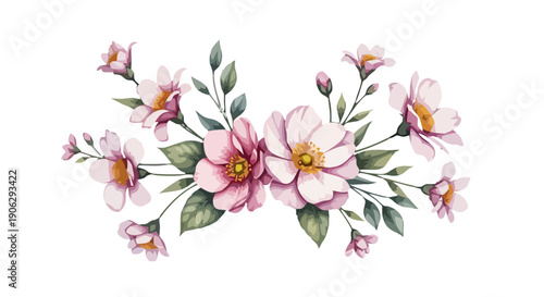 Delicate Pink Floral Arrangement with Green Leaves on White Background pink flowers botanical