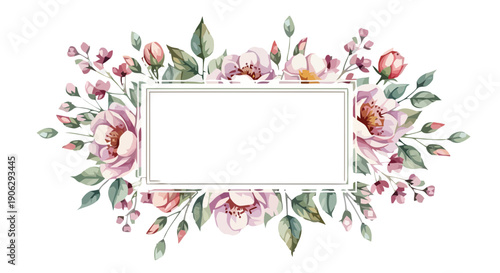 Floral Frame With Pink Flowers And Empty Grey Text Box Keywords: floral, frame, border, decoration, empty, space, text, pink