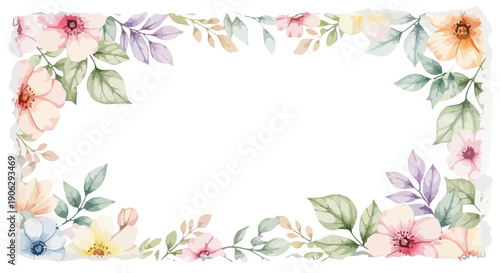 Horizontal Floral Border With Pastel Flowers And Empty Text Area Keywords: floral, border, frame, decoration, empty, space