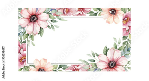 Pink and white floral border with green leaves and green text area Keywords: floral border, flower frame, pink flowers, white
