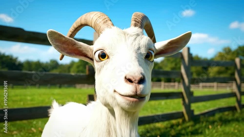 White Goat With Curved Horns Standing Near a Wooden Fence on a Sunny Day.